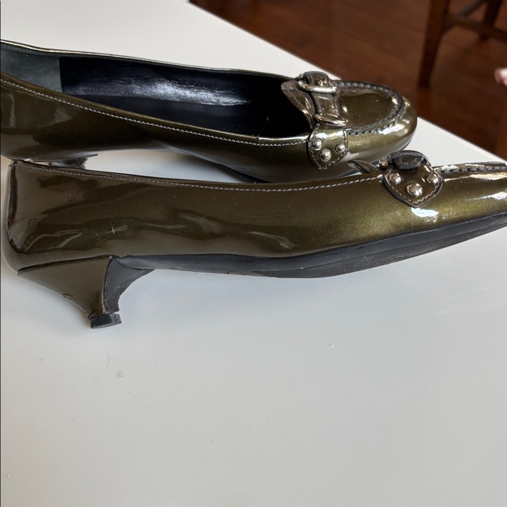 Prada Olive Patent Leather Loafers with Silver Hardware - Picture 3 of 8